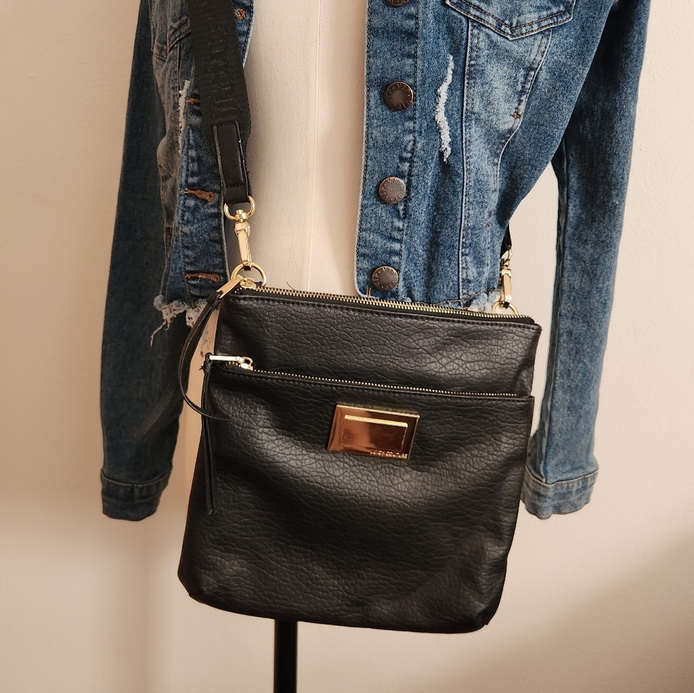 🎈 JUICY COUTURE black leather bag Y2K Steampunk CROSSBODY PURSE GOLD
